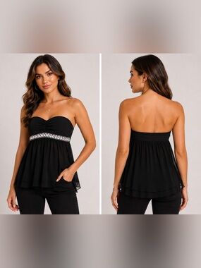 Y2K Elegant Black Strapless Blouse with Rhinestone Detailing
